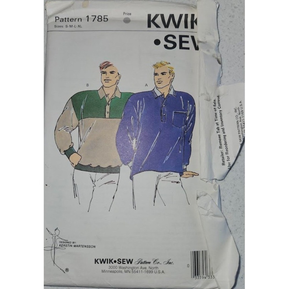 Kwik‎ Sew 1785 Mens Shirt Sewing Pattern Kerstin Martensson Sizes S-XL Vintage